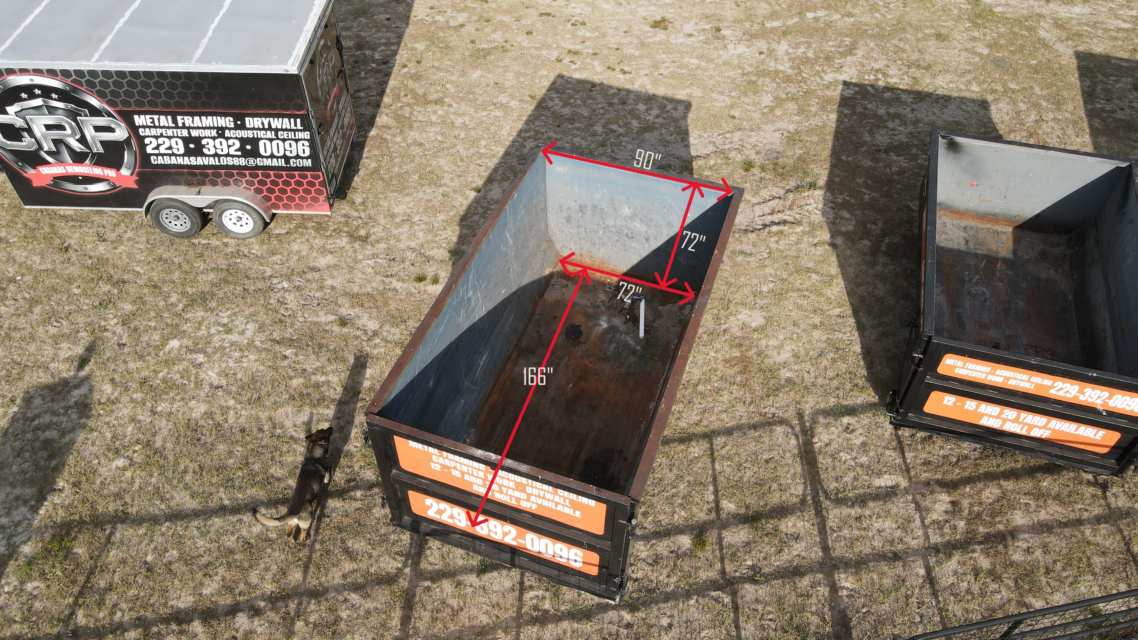 20 yard dumpster with internal dimensions overlay